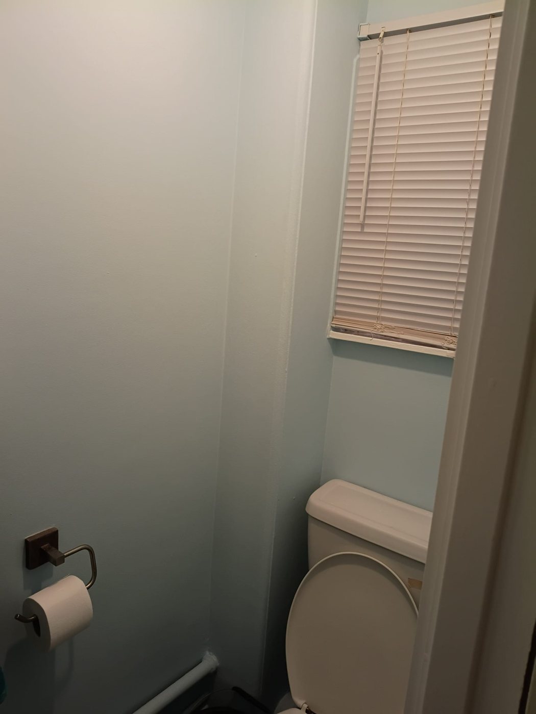 Toilet room painted in the same matched pale blue with white window frame, Little Common